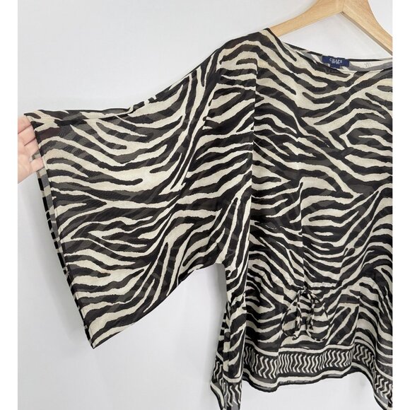 CHAPS Zebra Print Sheer Blouse Kimono Sleeve Animal Print Sz M Boho Tie Waist - Picture 3 of 8